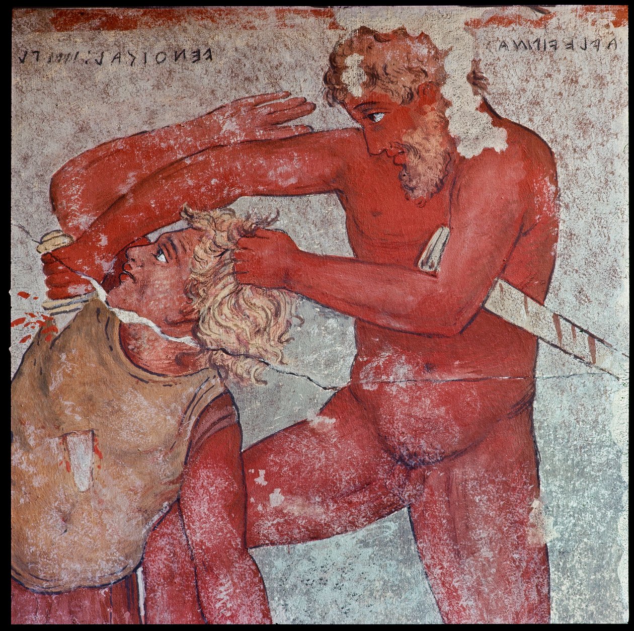 Cywilizacja etruska: „”przedstawienie ofiary jeńców trojańskich w hołdzie Patroclusowi”””reprodukcja przez Carlo Ruspi (1786-1863) fresków z IV wieku pne z Grobowca Francois Vulci. Florencja, Muzeum Archeologiczne autorstwa Carlo Ruspi