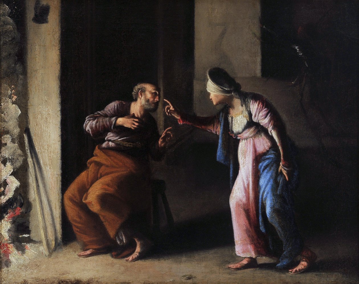 Zaprzeczenie św. Piotra. Obraz Carlo Saraceni (1579-1620). Olej na płótnie. Wymiary: 38x48cm. Musee Granet, Aix en Provence. autorstwa Carlo Saraceni