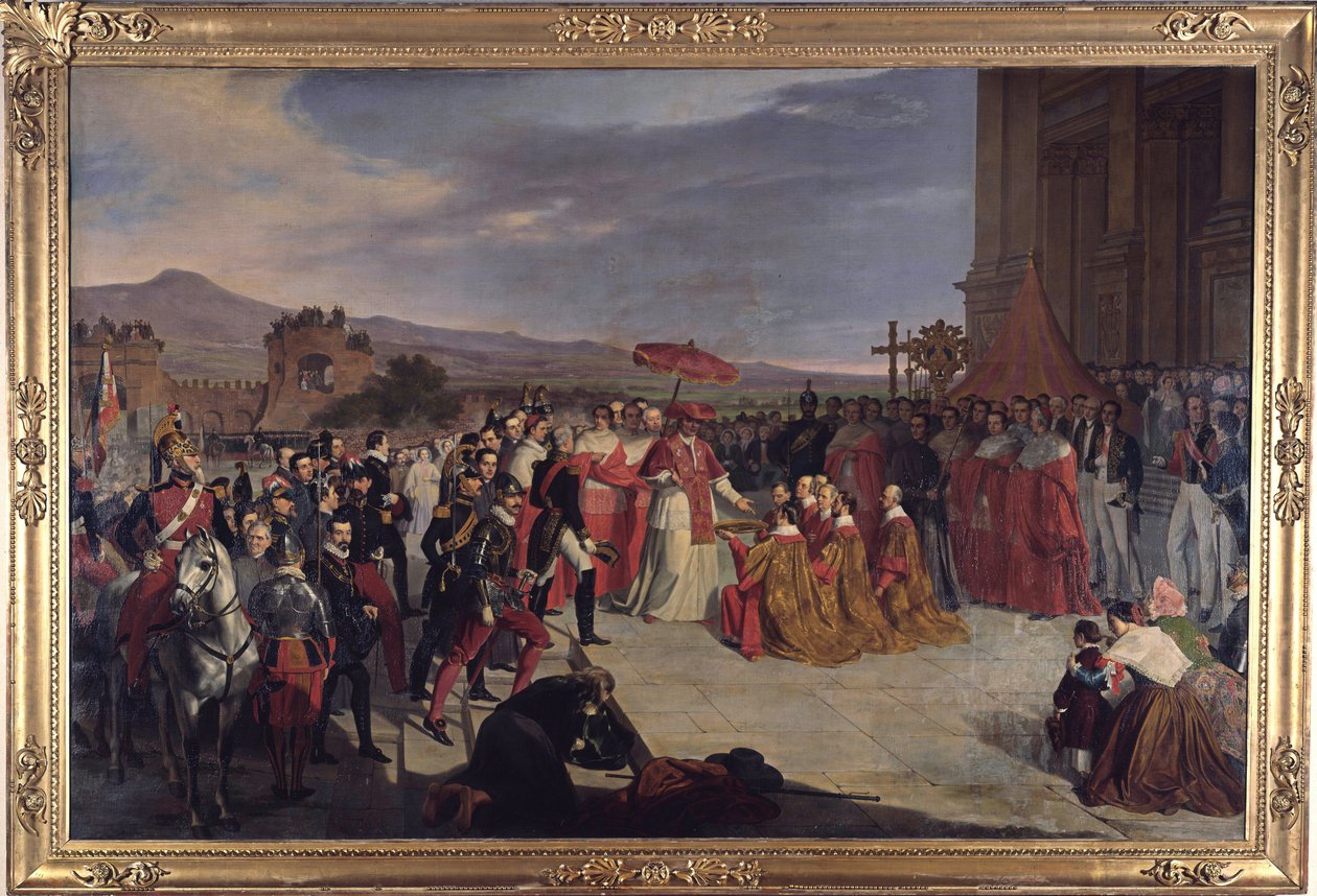 Rekonsekracja Bazyliki na Lateranie w Rzymie przez papieża Piusa IX, przez De Paris, Carlo (1800-1861). olej na płótnie autorstwa Carlo de Paris