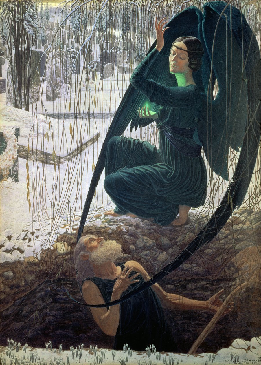 Śmierć i grabarz, 1900 (gwasz, akwarela, ołówek) autorstwa Carlos Schwabe