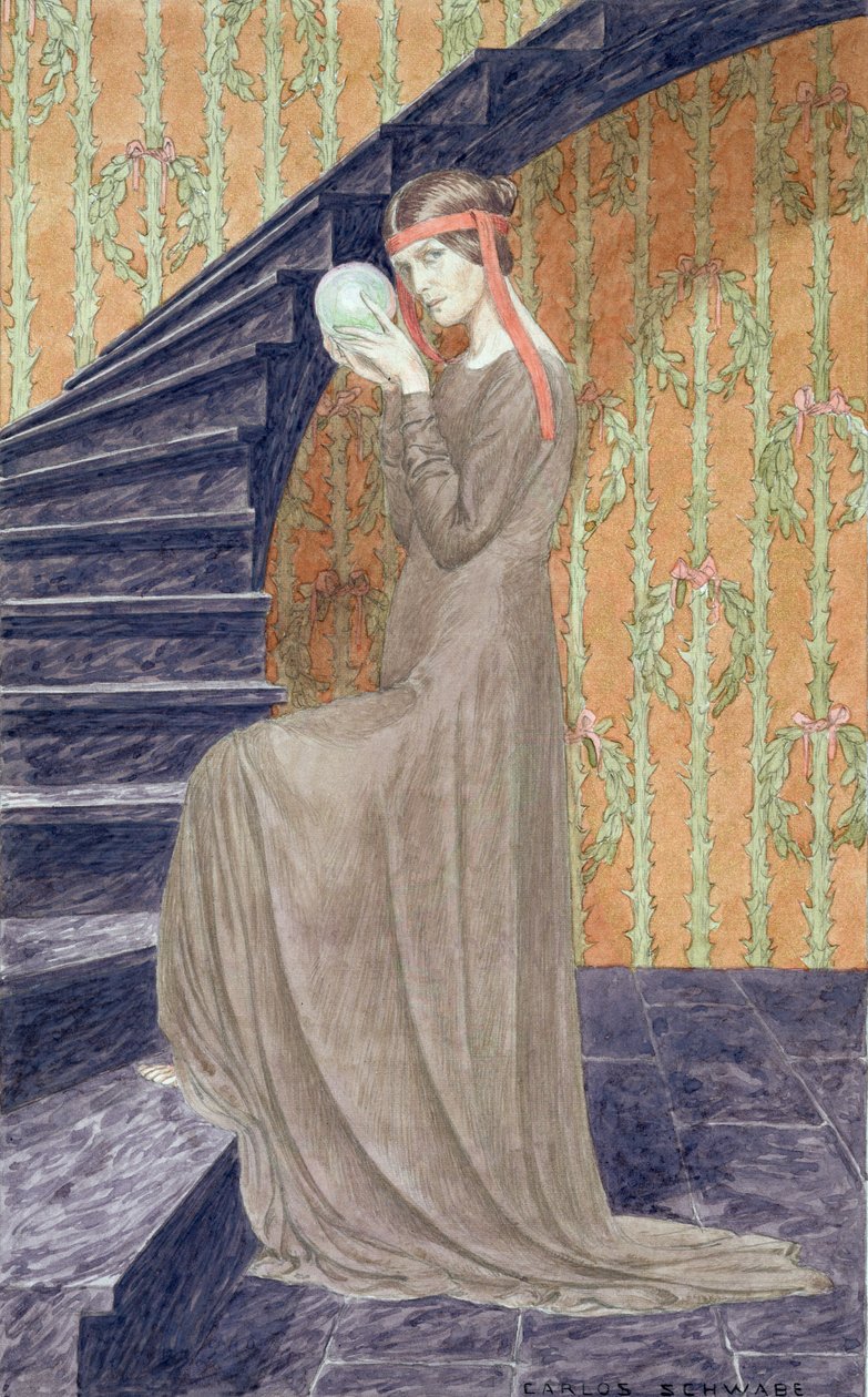 Młoda kobieta w estetycznej sukience trzymająca kulę, 1894 autorstwa Carlos Schwabe