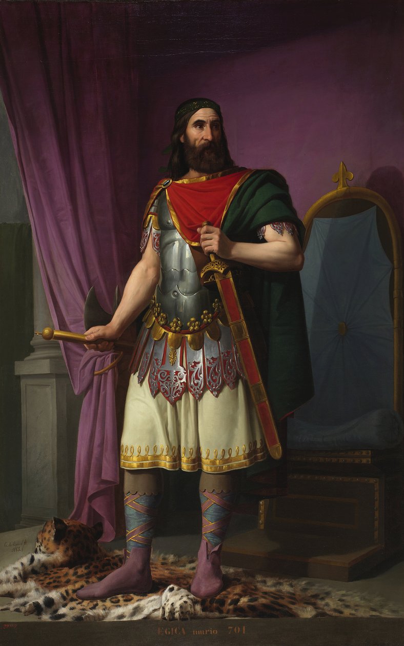 Portret króla Wizygotów Egica z Hiszpanii (lub Egicca, Egiza, Ergica) (687-702) (Wisigocki król Egica) Obraz Carlosa Marii Esquivel y Rivas (1830-1867) 1853 Pałac Sądów Madryt autorstwa Carlos Maria Esquivel