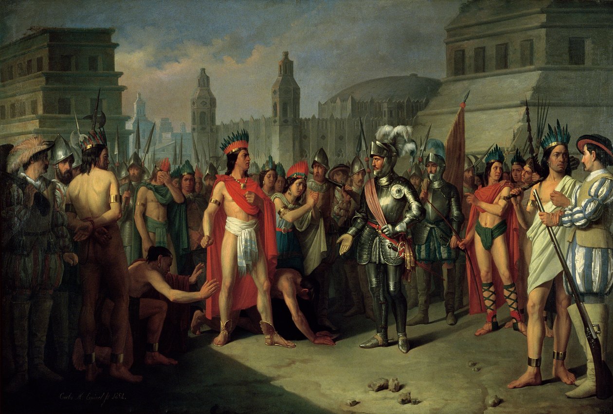 Uwięzienie Guatimocin przez wojska Hernana Cortesa, 1856 autorstwa Carlos Maria Esquivel