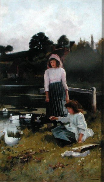 Karmienie kaczek (olej na panelu) autorstwa Carlton Alfred Smith