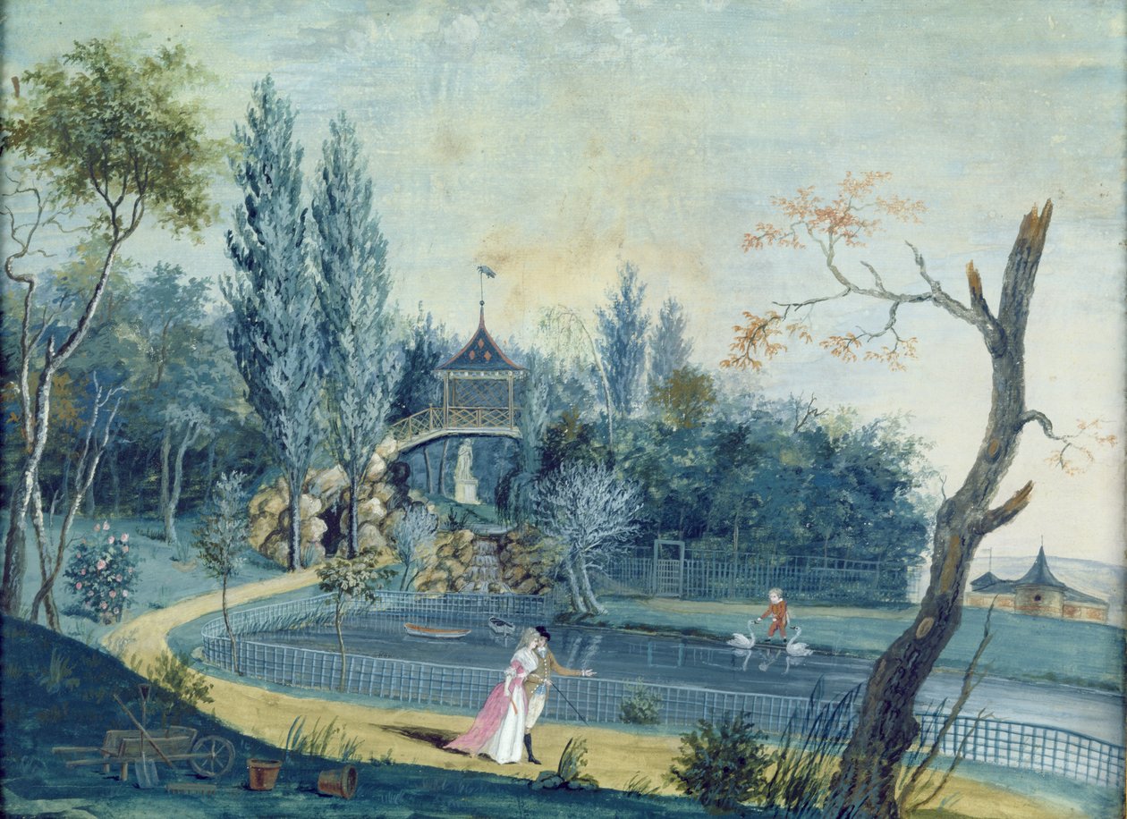 Jezioro i Pawilon Chiński w parku w Le Raincy, ok. 1754-93 autorstwa Louis Carrogis dit Carmontelle