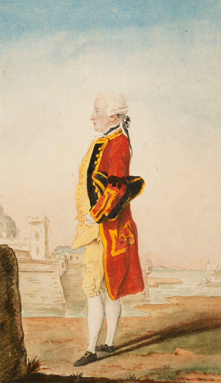 Pułkownik Morrison prawdopodobnie w mundurze królewskich inżynierów, ufortyfikowane miasto z tyłu, 1768 autorstwa Carmontelle