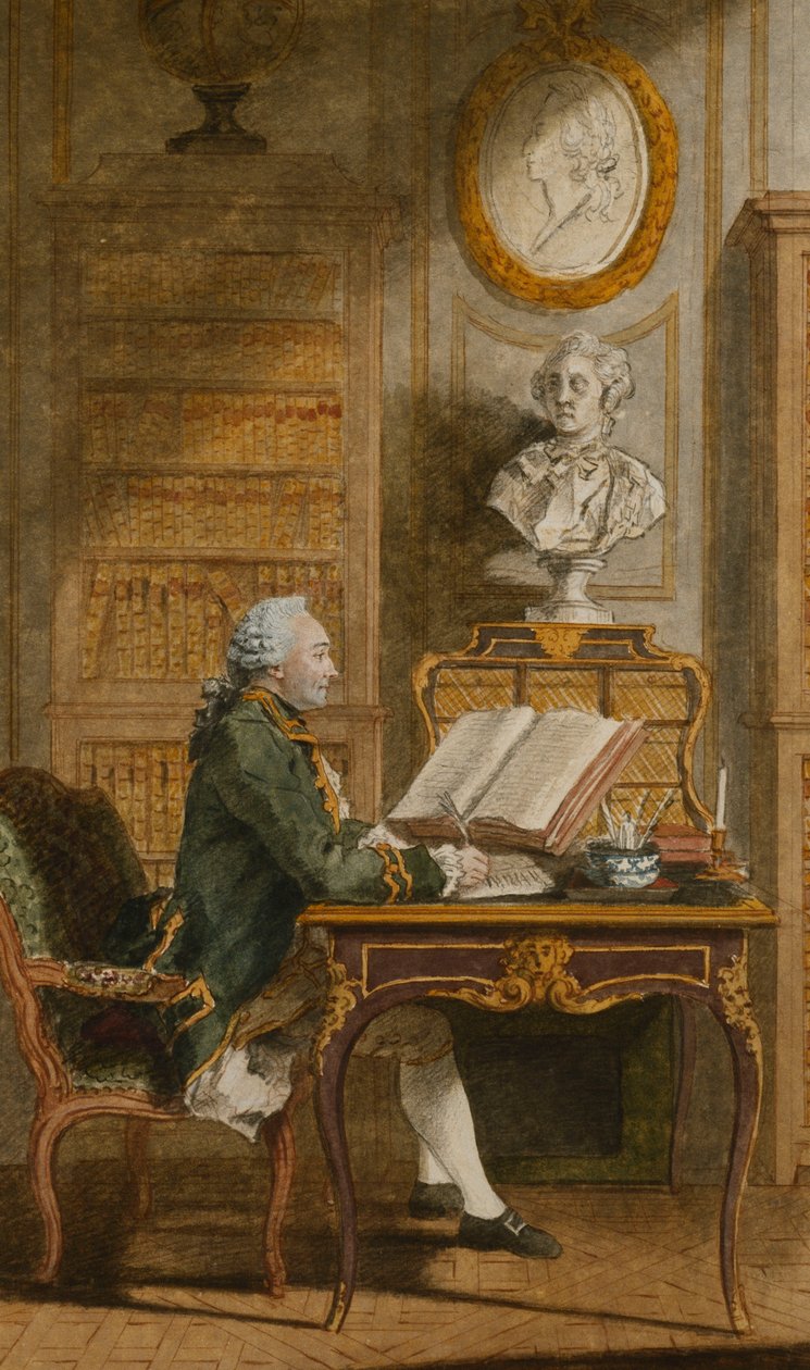 Monsieur de Cormainville w swojej bibliotece, pisząc przy swoim biurku, autorstwa Carmontelle