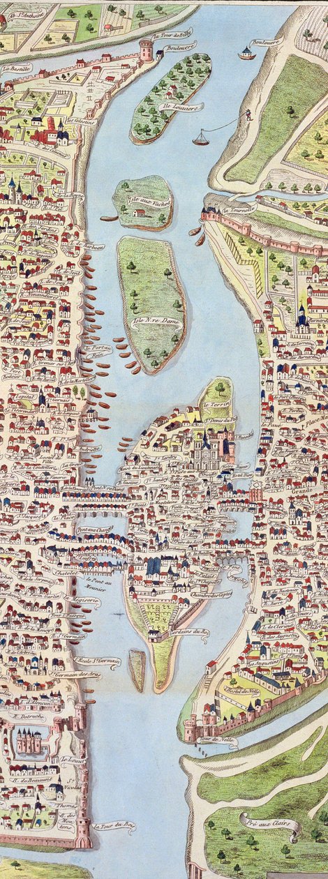 Fragment Ile de la Cité, z mapy Paryża z ok. 1930 r. 1540, znany jako Plan de la Tapisserie, wykonany jako gobelin ok. 1570, 1818 grawerowanie kolorem autorstwa Caroline Naudet
