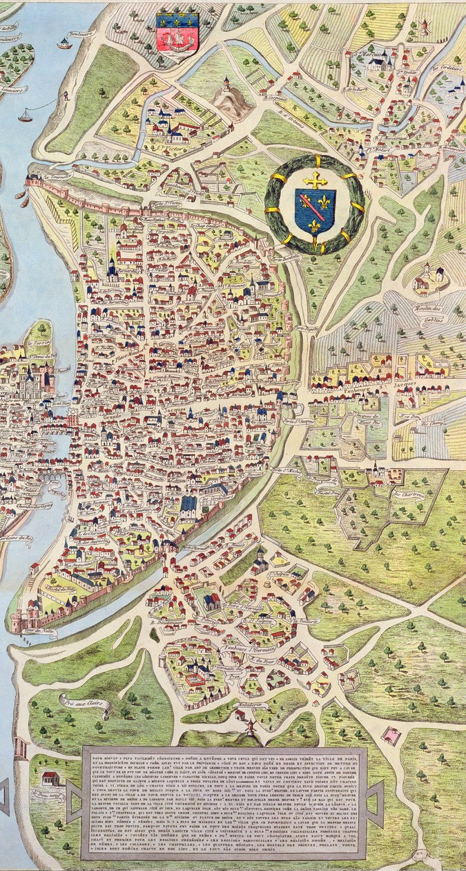 Fragment lewego brzegu, z planu Paryża ok. 1930 r. 1540, znany jako Plan de la Tapisserie, wykonany jako gobelin ok. 1570, 1818 grawerowanie kolorem autorstwa Caroline Naudet