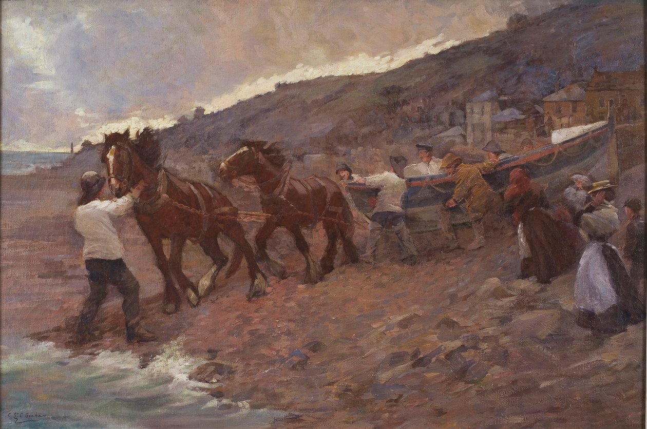 Wodowanie łodzi ratunkowej (olej na płótnie) autorstwa Caroline St Clair Graham