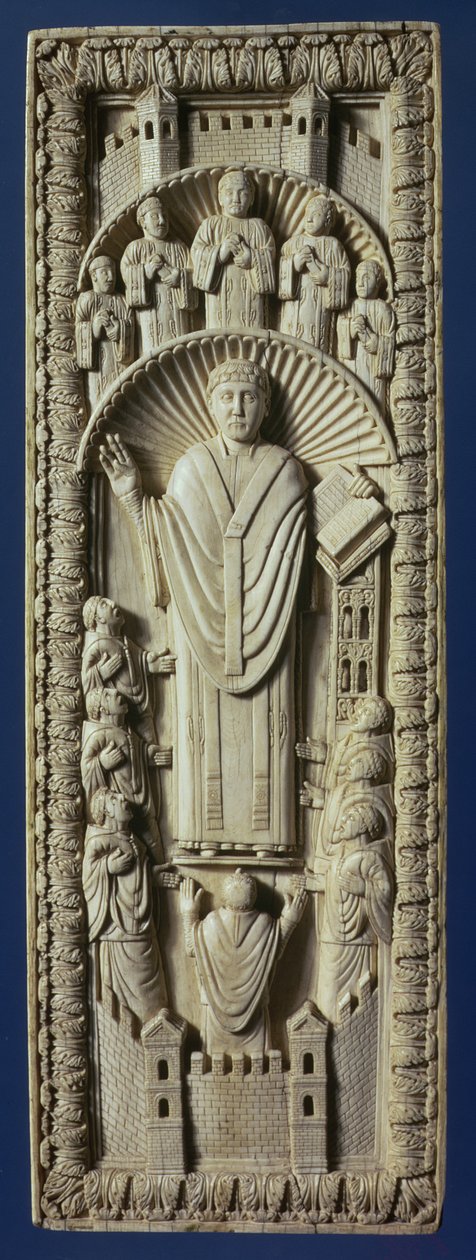Arcybiskup w swoim chórze, ok. 875 rne (panel z kości słoniowej) autorstwa Carolingian School