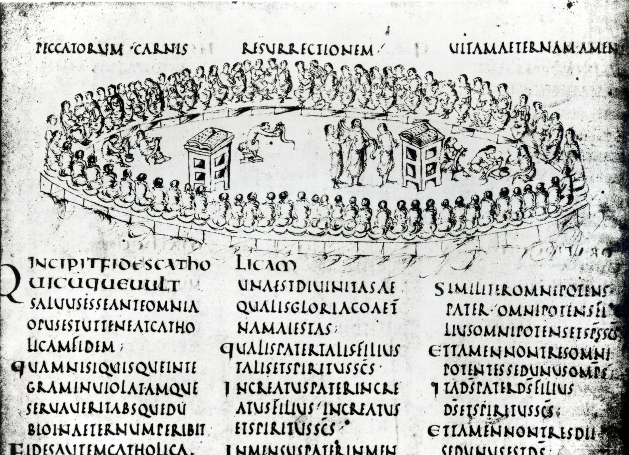 Ilustracja przedstawiająca scenę z jednego z Psalmów, z Psałterza Utrechckiego, kopia oryginału z Reims obecnie w Bibliotece Uniwersyteckiej w Utrechcie (pióro i atrament) autorstwa Carolingian School
