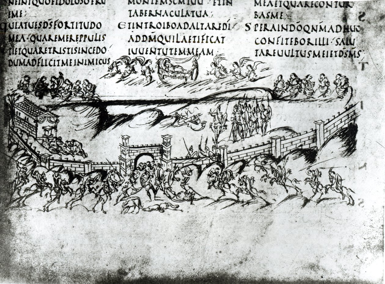 Ilustracja różnych scen z Psalmu 43, w tym werset Przebudźcie się, dlaczego śpisz, Panie?, z Psałterza Utrechckiego, kopia oryginału z Reims, obecnie w Bibliotece Uniwersyteckiej w Utrechcie autorstwa Carolingian School