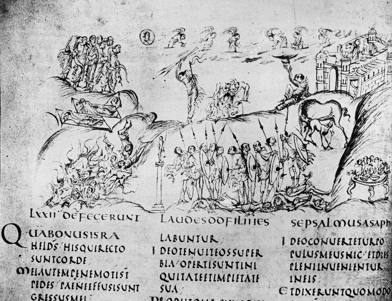 Ilustracja przedstawiająca różne sceny z jednego z Psalmów, z Psałterza Utrechckiego, kopia oryginału z Reims obecnie w Bibliotece Uniwersyteckiej w Utrechcie (pióro i atrament) autorstwa Carolingian School