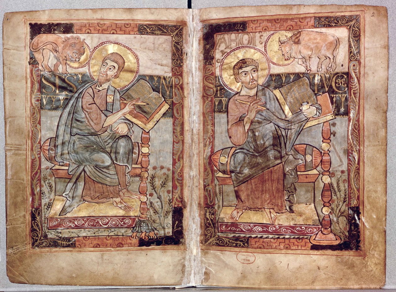 NAL 1203 fol.1v-2 Św. Marek i Św. Łukasz, z Ewangelii Godescale, c.1781-783 autorstwa Carolingian School
