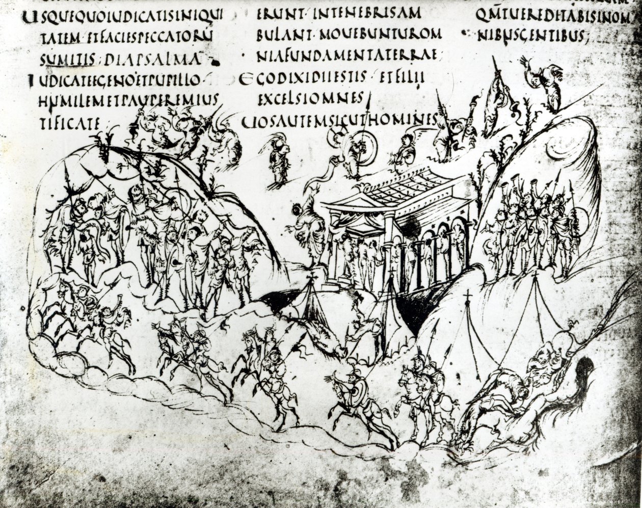 Różne sceny ilustrujące psalm z Psałterza Utrechckiego, kopia oryginału z Reims obecnie w Bibliotece Uniwersyteckiej w Utrechcie (pióro i atrament) autorstwa Carolingian School
