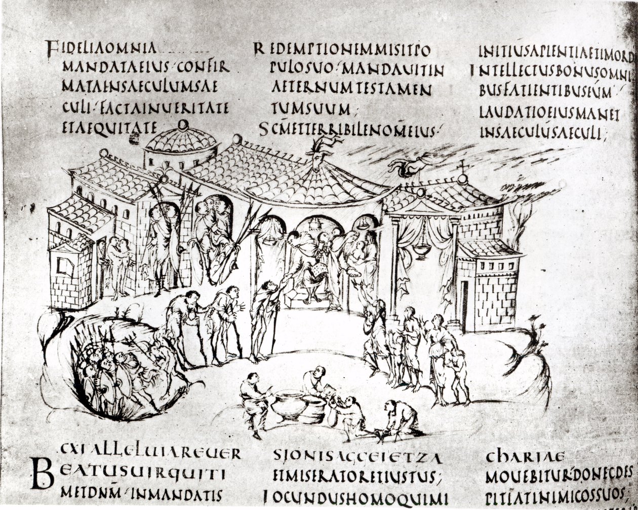 Różne sceny ilustrujące psalm z Psałterza Utrechckiego, kopia oryginału z Reims obecnie w Bibliotece Uniwersyteckiej w Utrechcie (pióro i atrament) autorstwa Carolingian School