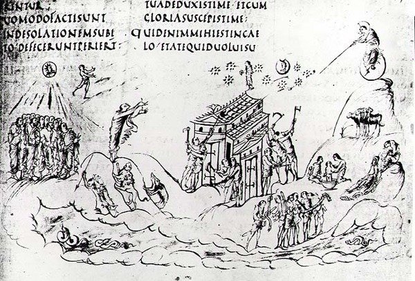 Różne sceny ilustrujące jeden z psalmów, z psałterza utrechckiego, kopia oryginału z Reims obecnie w Bibliotece Uniwersyteckiej w Utrechcie (pióro i atrament) autorstwa Carolingian School