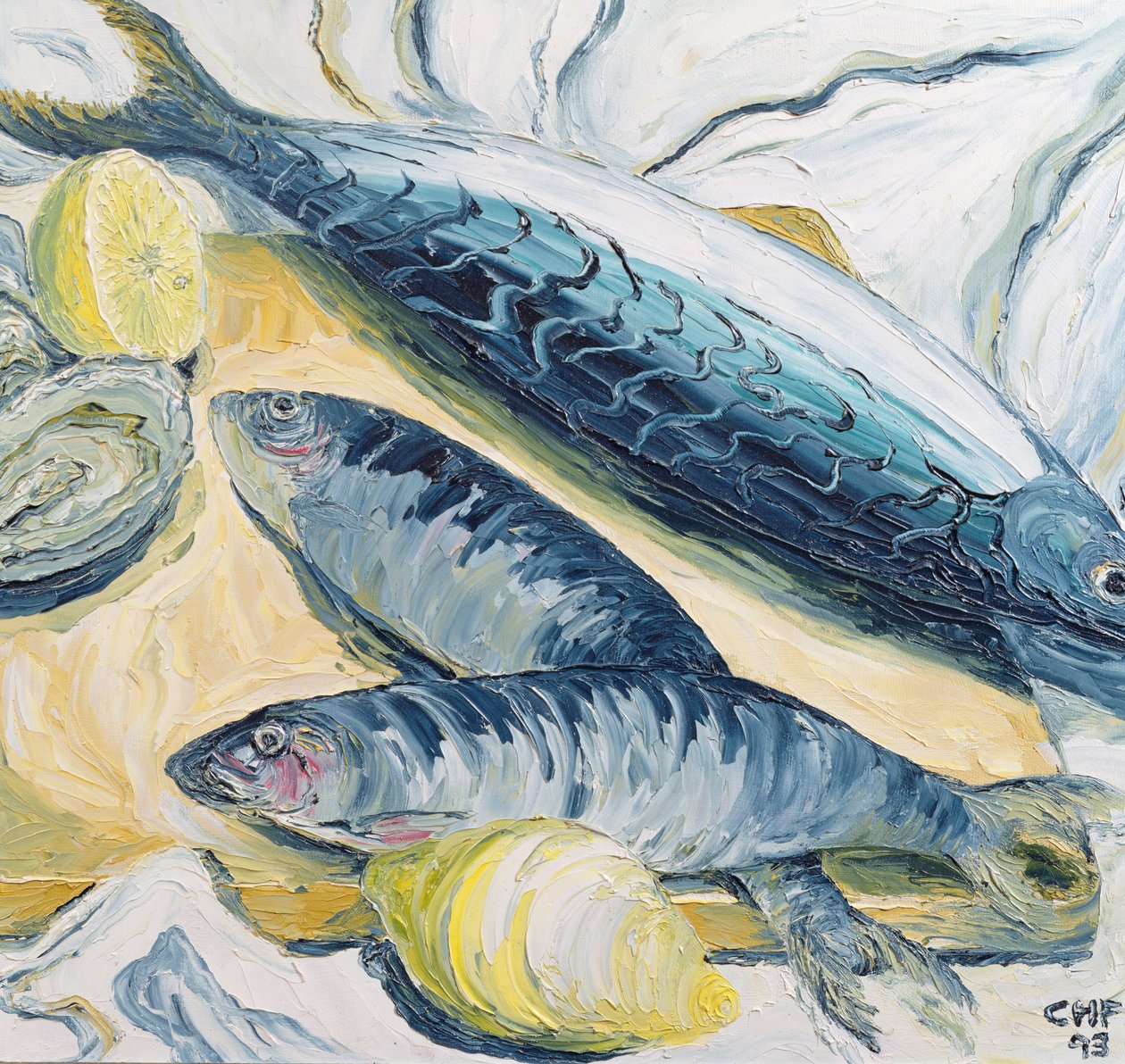 Makrela z ostrygami i cytrynami, 1993 (olej na papierze) autorstwa Carolyn Hubbard Ford
