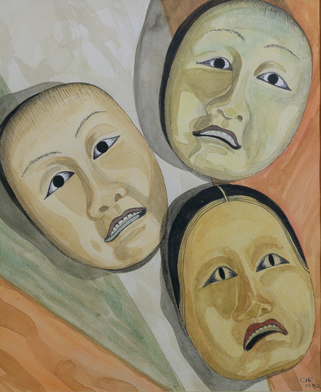 Orientalne Maski (pióro i atrament i toaleta na papierze) autorstwa Carolyn Hubbard Ford