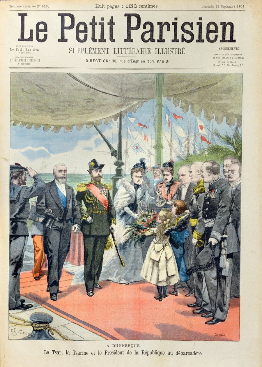 Car Mikołaj II wraz z żoną, carycą Aleksandrą, witany w Dunkierce przez prezydenta Loubeta, okładka „Le Petit Parisien”, 22 września 1901 r. autorstwa Carrey