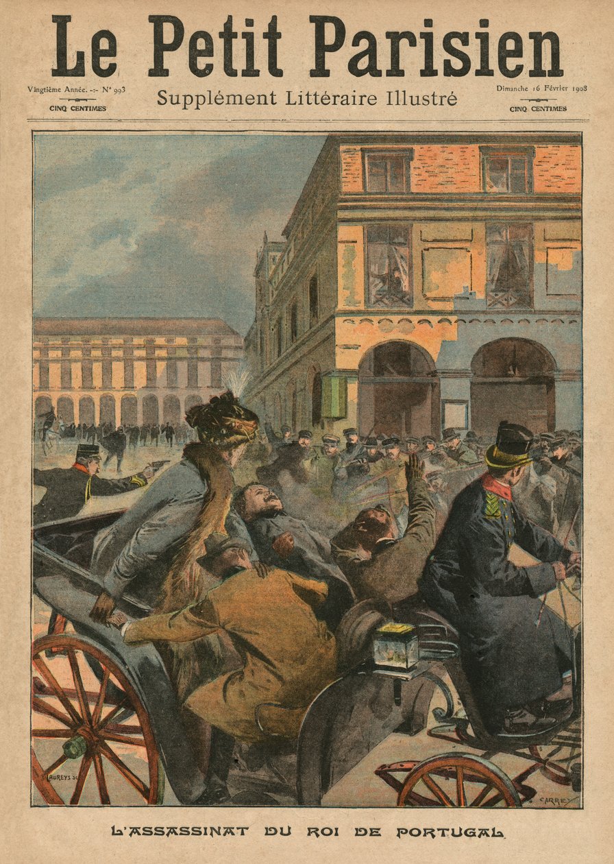 Zamach na króla Karola I, króla Portugalii, ilustracja na okładce z „Le Petit Parisien”, dodatek do litteraire illustre, 16 lutego 1908 autorstwa Carrey
