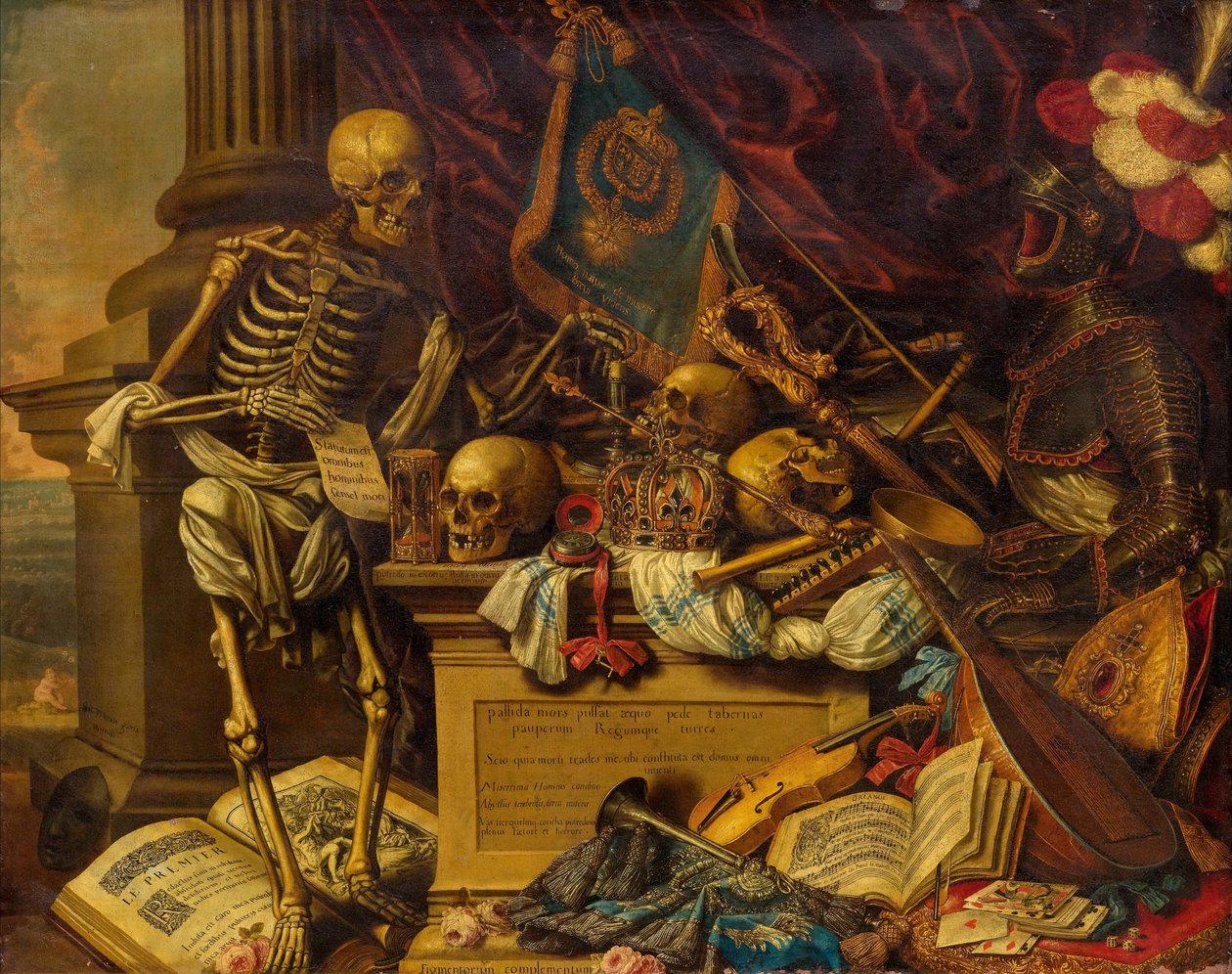 Martwa natura Vanitas z instrumentami muzycznymi, książkami, nutami, szkieletem, czaszką i zbroją, XVII w autorstwa Carstian Luyckx