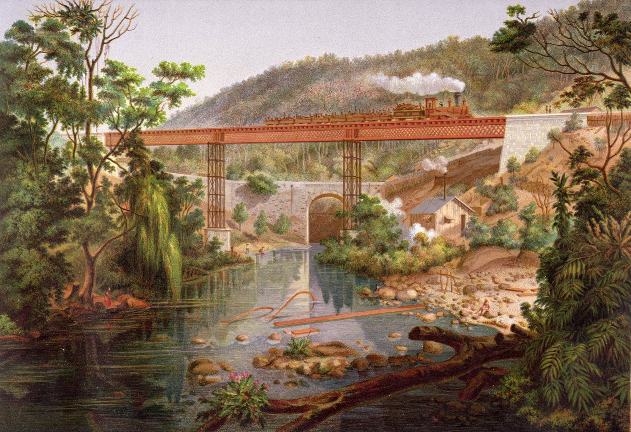 Most kolejowy w Atoyac, z „Albumu kolei meksykańskich” Antonio Garcii Cubasa, opublikowany 1878 (chromolitho) autorstwa Casimiro Castro