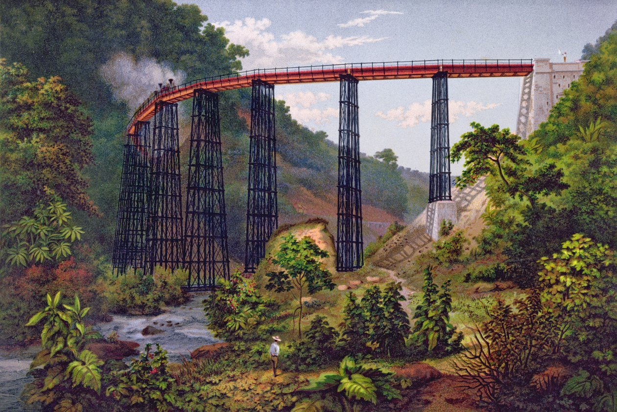 Most kolejowy w Metlac, z „Albumu kolei meksykańskich” Antonio Garcii Cubasa, opublikowany 1878 (chromolitho) autorstwa Casimiro Castro