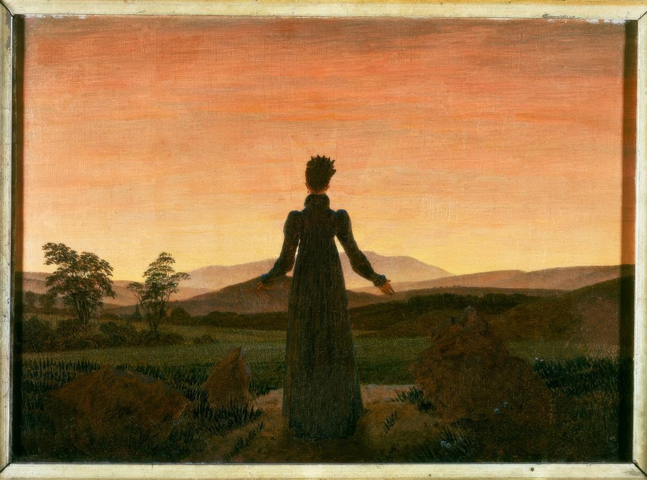 Kobieta na tle zachodzącego słońca autorstwa Caspar David Friedrich