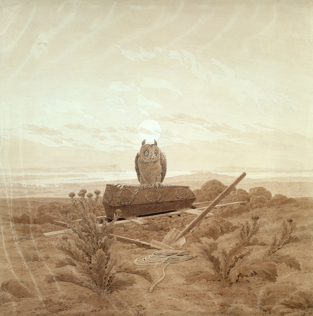 Pejzaż z grobem, trumną i sową (tusz i ołówek w sepii na papierze) autorstwa Caspar David Friedrich