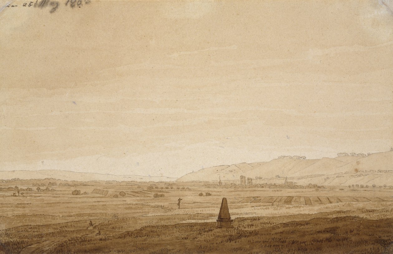 Pejzaż z obeliskiem, 1803 (punkt pędzla w brązowym tuszu i sepii na złamanym papierze) autorstwa Caspar David Friedrich