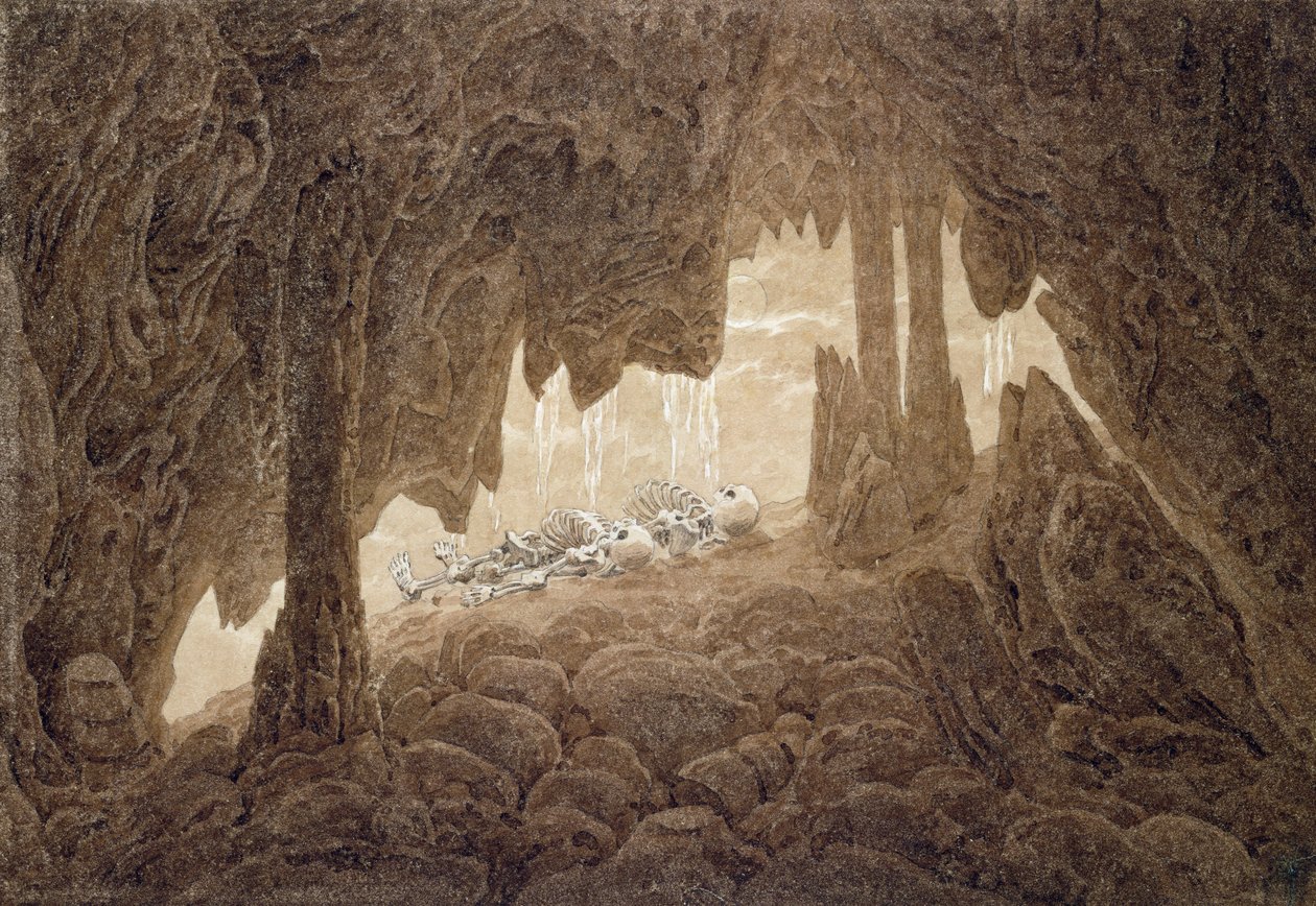Skeleton in the Cave (atrament i ołówek w kolorze sepii na papierze) autorstwa Caspar David Friedrich