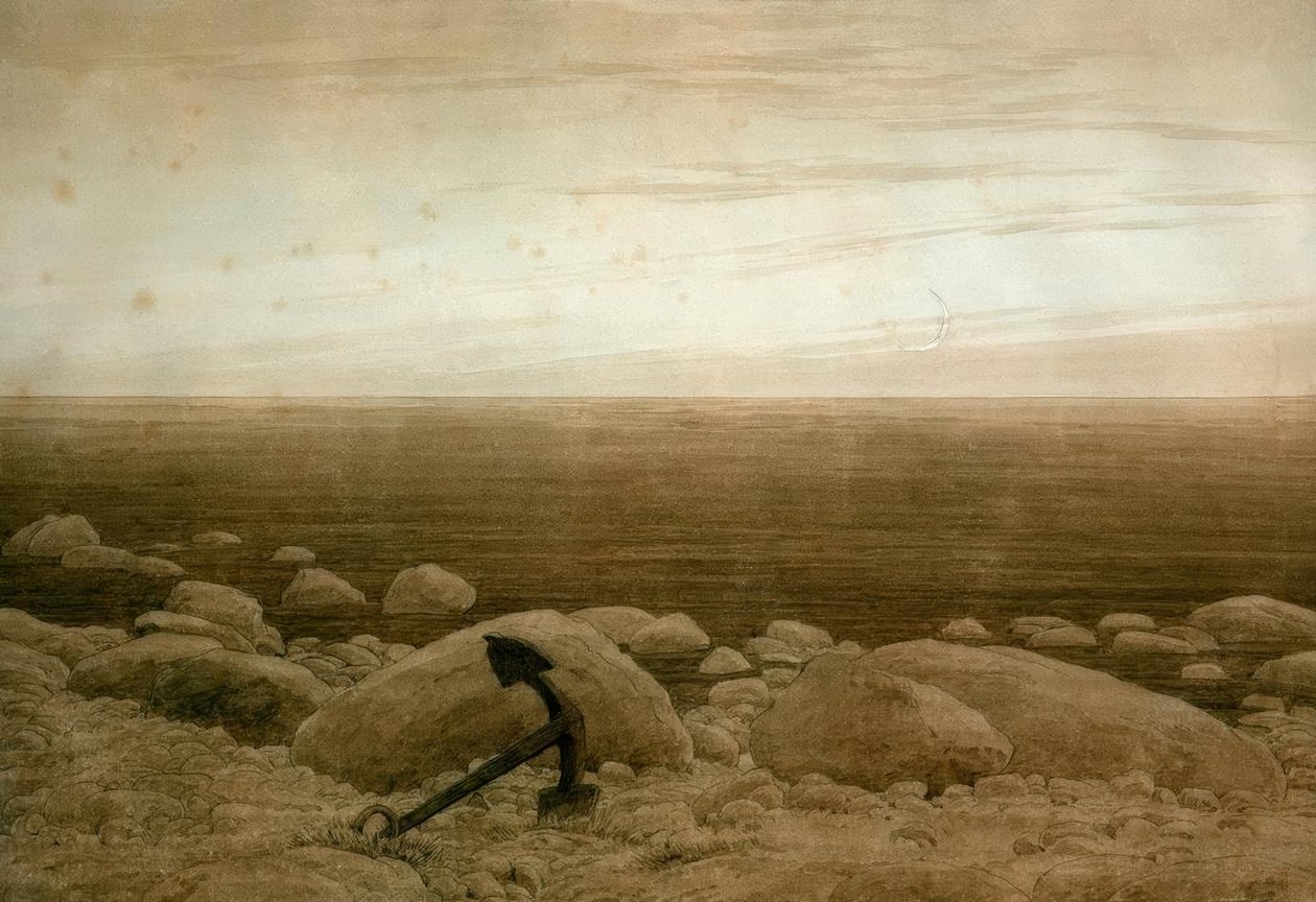 Kamienista plaża z kotwicą i sierpem księżyca autorstwa Caspar David Friedrich