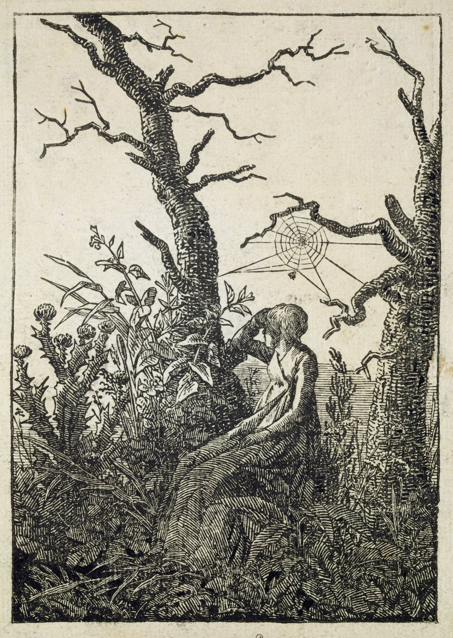 Kobieta z pajęczyną pośrodku bezlistnych drzew autorstwa Caspar David Friedrich