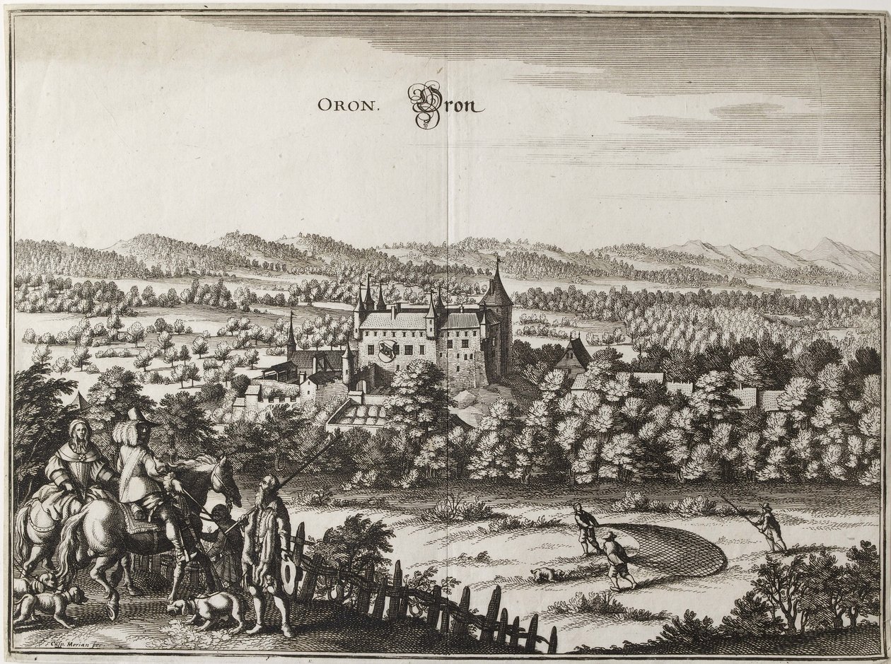 Widok zamku Oron, Szwajcaria, 1653 autorstwa Caspar Merian