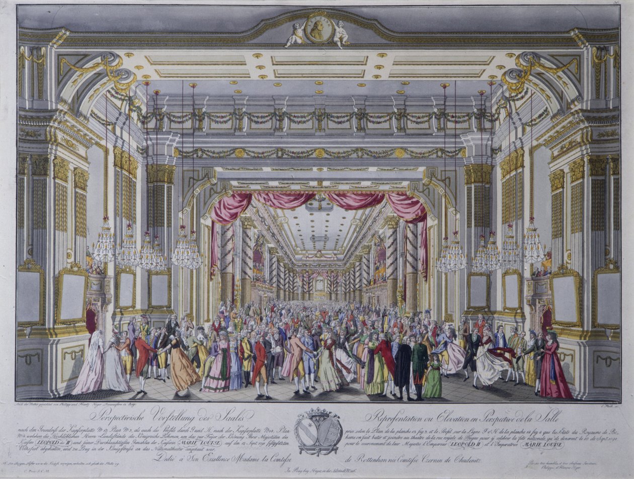 Bal po koronacji Leopolda II na króla Czech w Pradze w 1791 r. (rycina ręcznie kolorowana) autorstwa Caspar Pluth