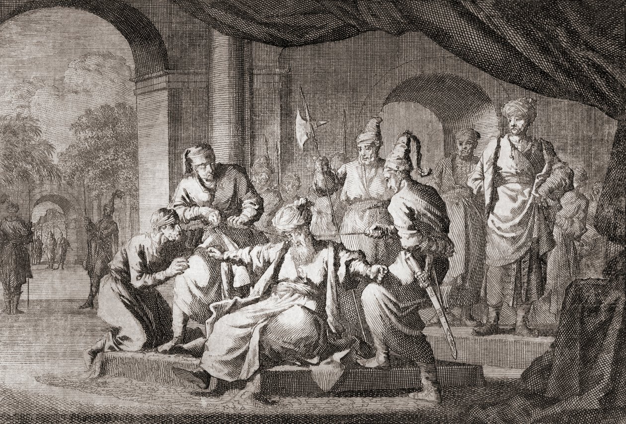 Szlachetny uduszony jedwabnym sznurem. Imperium Osmańskie (druk) autorstwa Caspar (after) Luyken