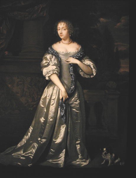 Portret Lady Filippy Stanton i jej psa na tarasie przy rzeźbionym fryzie (olej na płótnie) autorstwa Caspar (studio of) Netscher