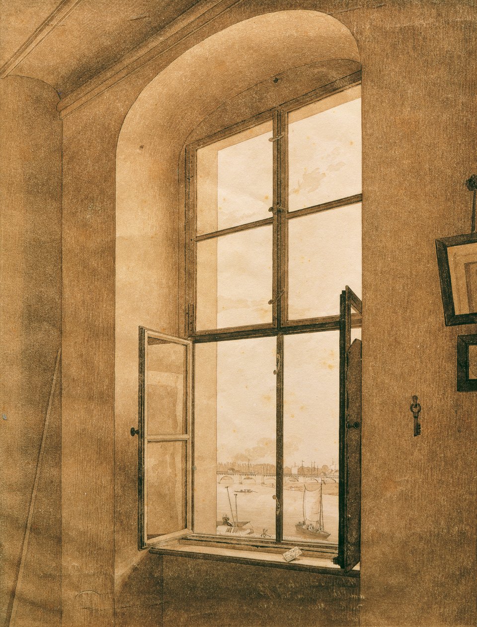Widok na Łabę z pracowni artysty w Dreźnie (lewe okno) autorstwa Caspar David Friedrich