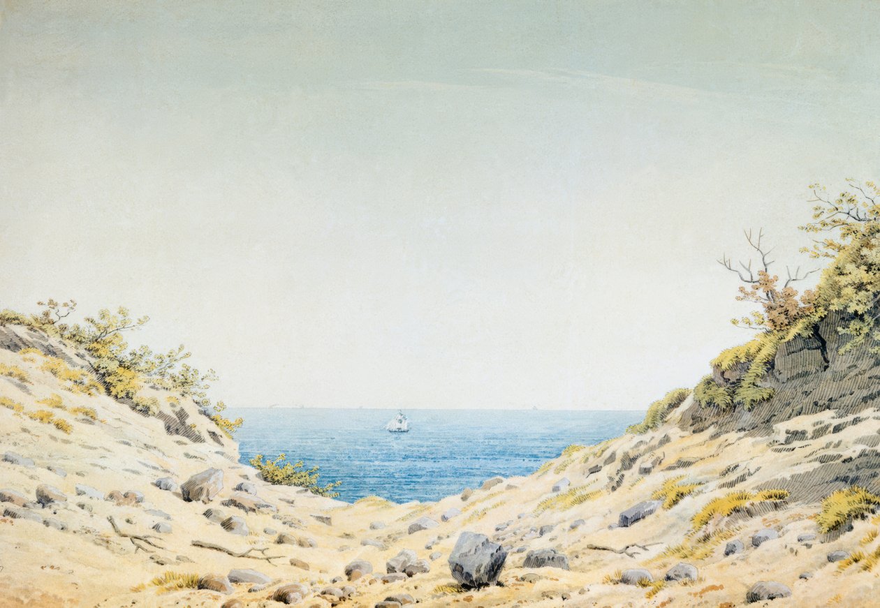 Widok przez depresję w kierunku morza autorstwa Caspar David Friedrich
