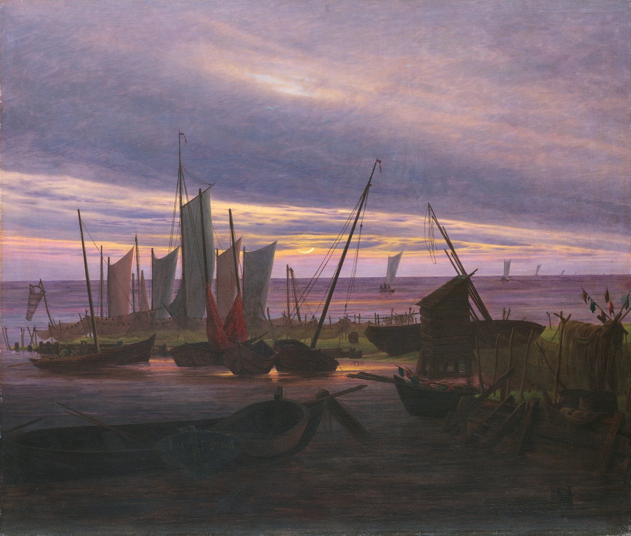 Łodzie w porcie wieczorem, ok. godz. 1828 autorstwa Caspar David Friedrich