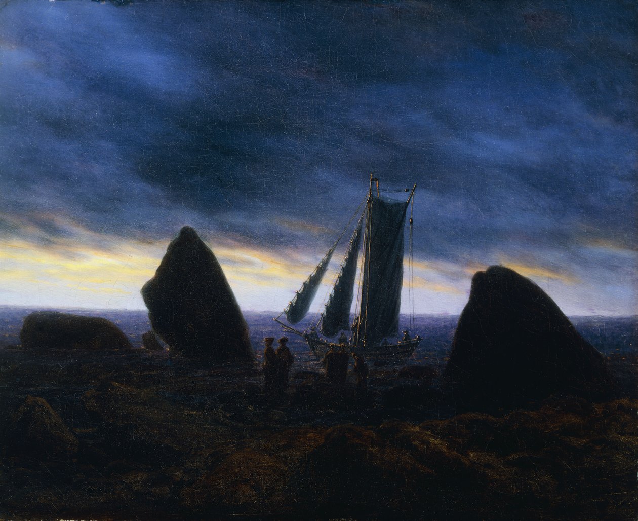 Przepływ łodzi rybackich na plaży nad Bałtykiem; Kuter rybacki między głazami na plaży Morza Bałtyckiego, autorstwa Caspar David Friedrich