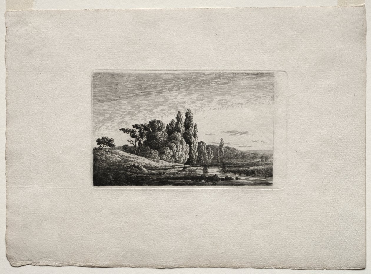 Kładka z krzyżem przed drzewami nad rzeką autorstwa Caspar David Friedrich