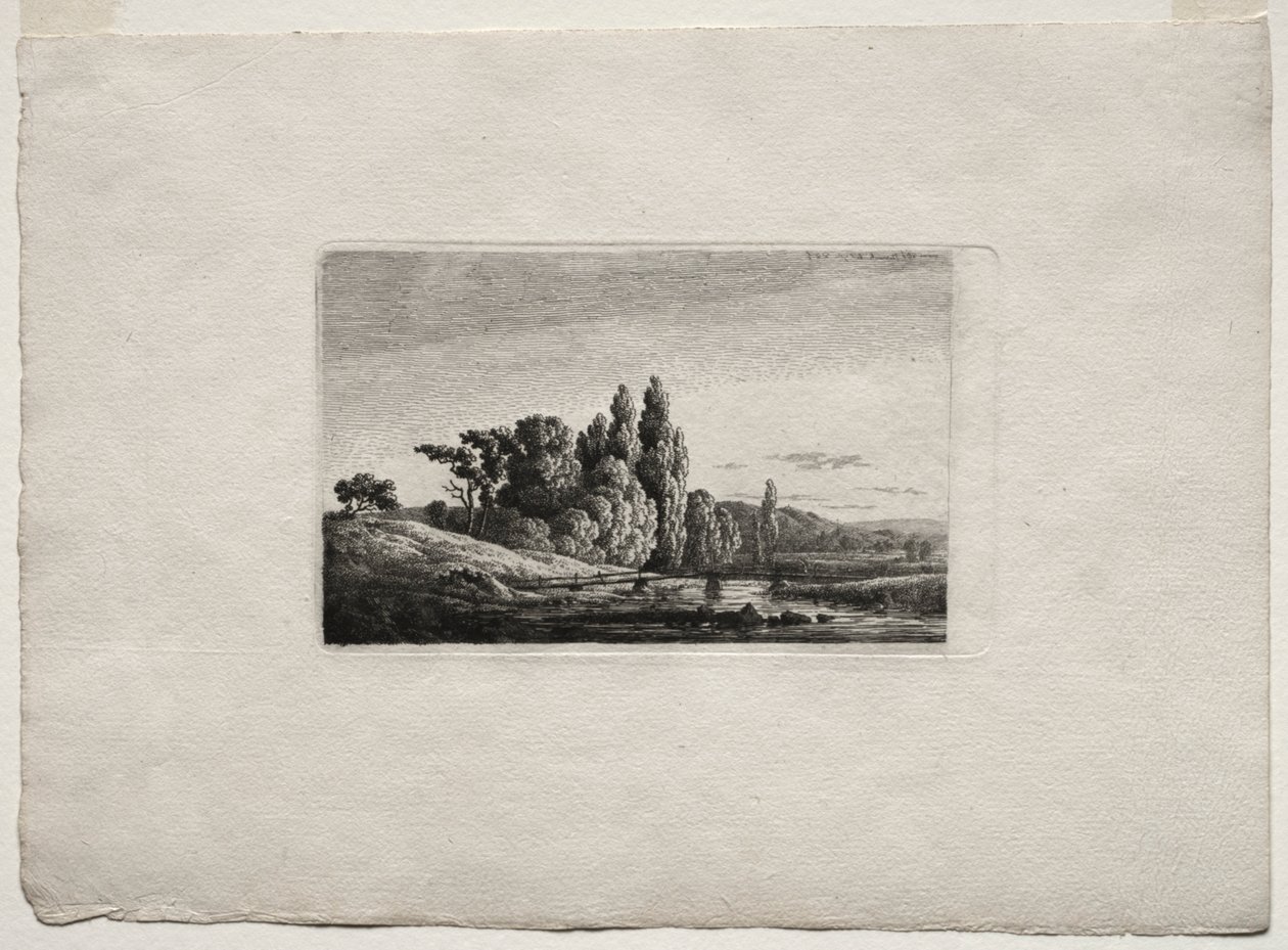 Kładka z krzyżem przed drzewami nad rzeką, ok.1803. autorstwa Caspar David Friedrich