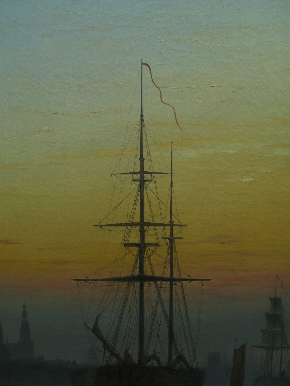 Niemiecki: Der Greifswalder Hafen Port w Greifswaldzie
 szczegół Tytuł alternatywny: Statki w porcie w Greifswaldzie szczegół autorstwa Caspar David Friedrich