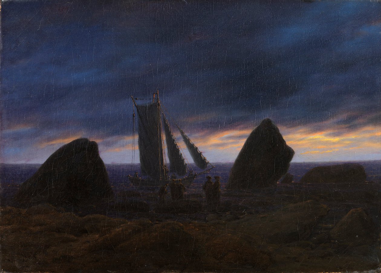 niemiecki: Fischerboot zwischen Findlingen am Ostseestrand Łódź rybacka pomiędzy dwoma skałami na plaży Morza Bałtyckiego autorstwa Caspar David Friedrich