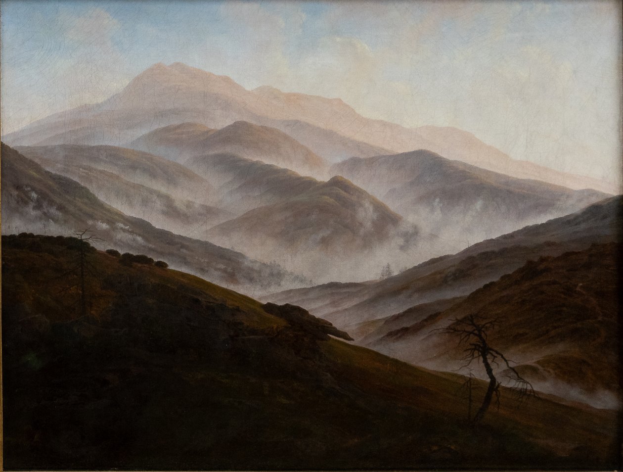 Niemiecki: Riesengebirgslandschaft mit aufsteigendem Nebel Karkonoski krajobraz z unoszącą się mgłą autorstwa Caspar David Friedrich