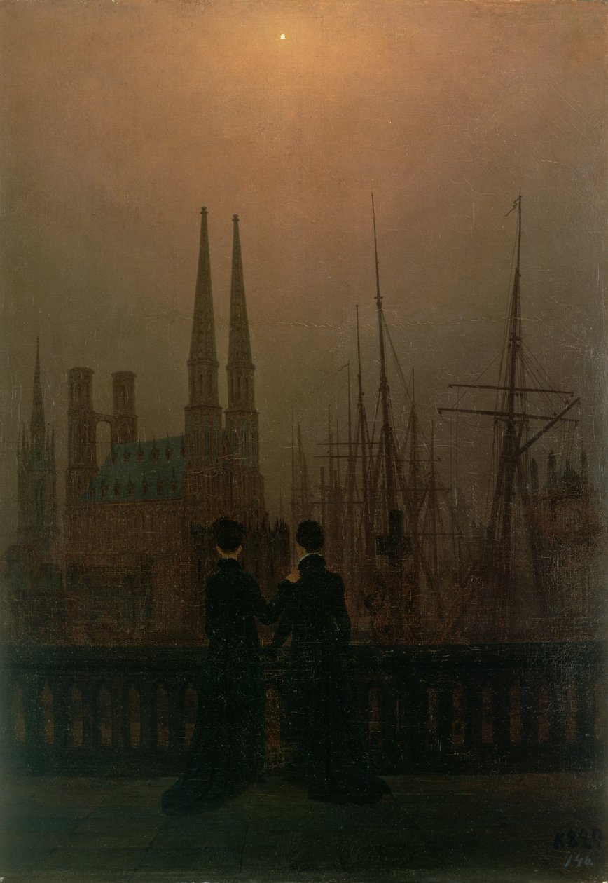 Port nocą (siostry), ok. 1818-20 autorstwa Caspar David Friedrich