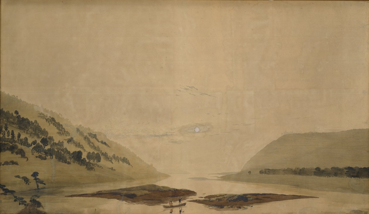 Górski krajobraz z rzeką o poranku, 183035 (wc i tempera na przezroczystym papierze) (para z 265365) autorstwa Caspar David Friedrich